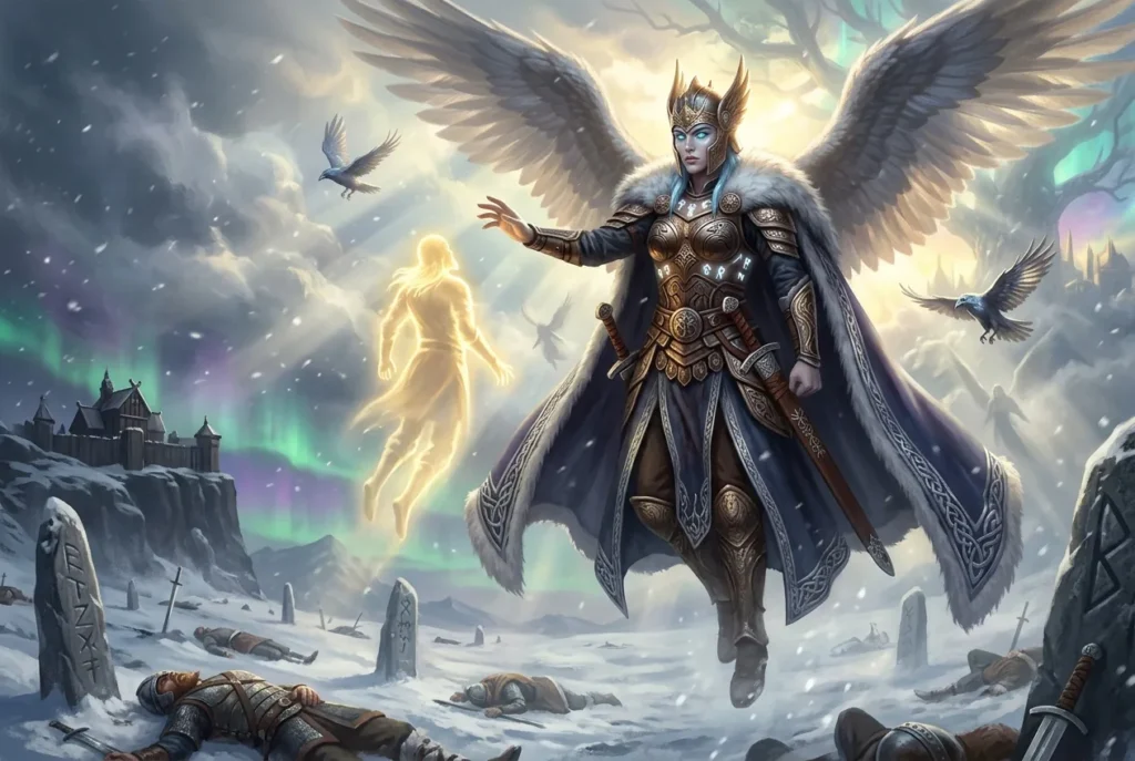 Brunhild la valquiria de la mitología nórdica, guerrera legendaria con armadura dorada y alas