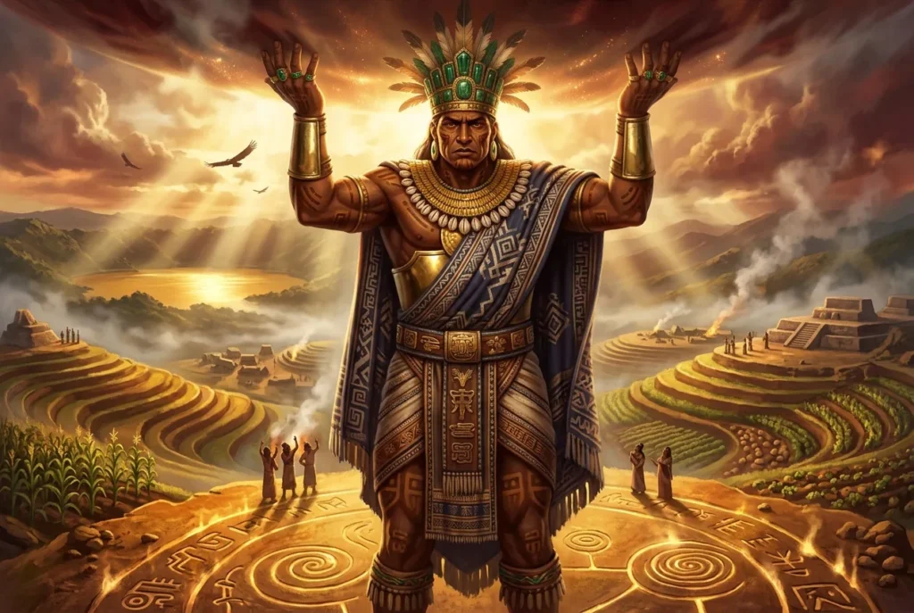 Chibchacum, deidad muisca de la mitología precolombina, sostiene la Tierra sobre sus hombros en representación artística