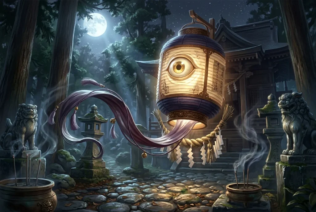 Chochin-obake yokai japonés: linterna de papel y bambú con ojo rojo y lengua larga en mitología japonesa