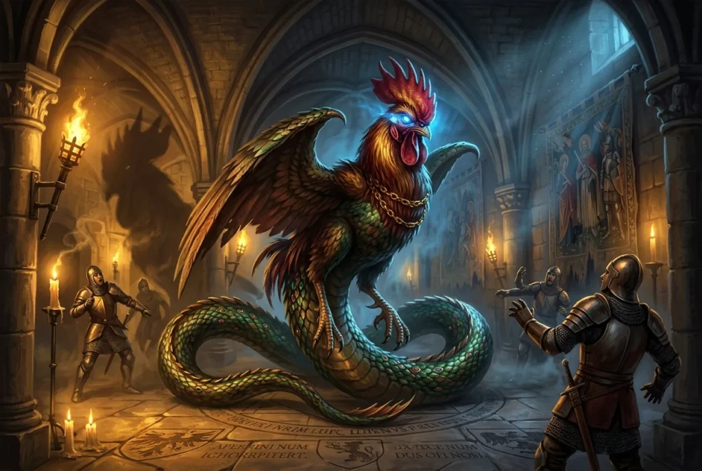 Cockatrice criatura medieval híbrida gallo serpiente mitología europea bestia legendaria