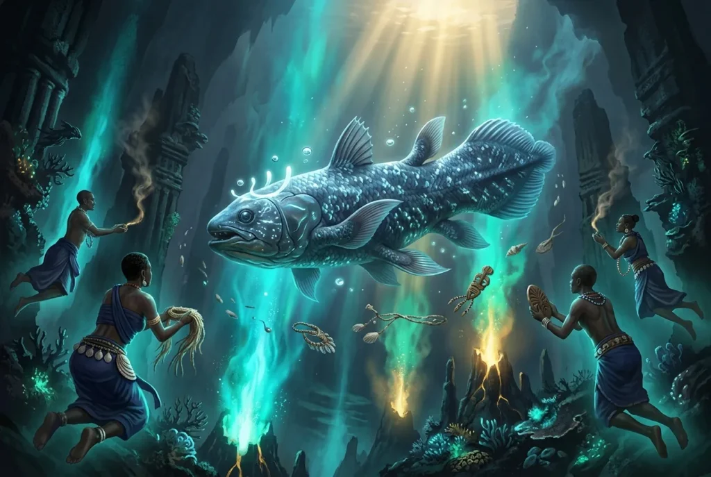 Coelacanth pez prehistórico fósil viviente del océano Índico con aletas lobuladas