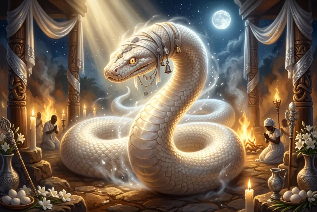 Damballa la serpiente blanca del vudú haitiano, deidad ancestral de creación y protección en la mitología vudú