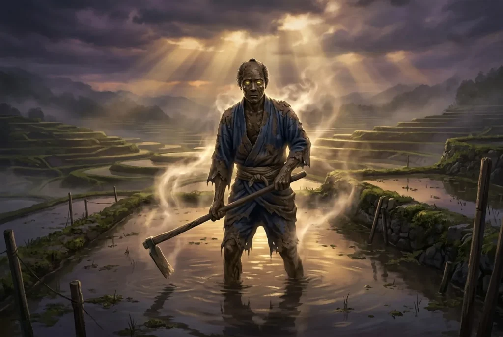Dorotabo fantasma cubierto de barro de la mitología japonesa en campos de arroz - criatura sobrenatural