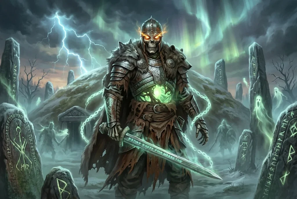 Draugr no-muerto de la mitología nórdica emergiendo de su tumba con poder sobrenatural