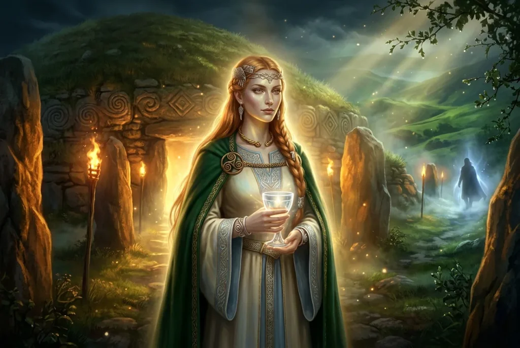 Etain, diosa semidivina de la mitología irlandesa, representada con elementos mágicos y transformaciones sobrenaturales