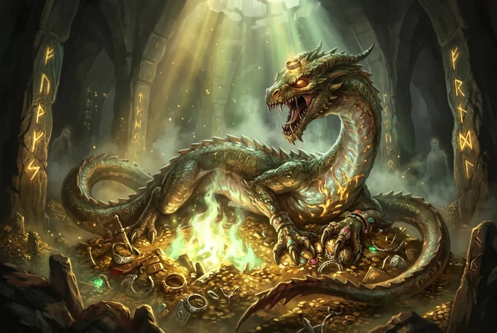 Fafnir el dragón de la mitología nórdica, criatura legendaria guardiana del tesoro maldito enfrentándose a Sigurd