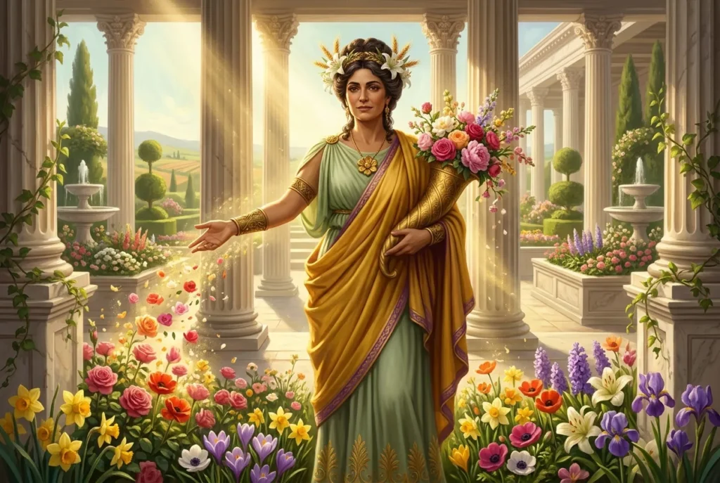 Flora diosa romana de las flores y la primavera con corona floral, símbolo de fertilidad vegetal