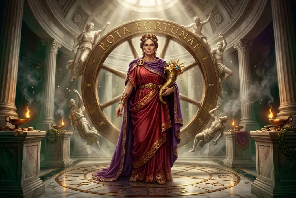 Fortuna diosa romana de la suerte y el destino girando la rueda de la fortuna