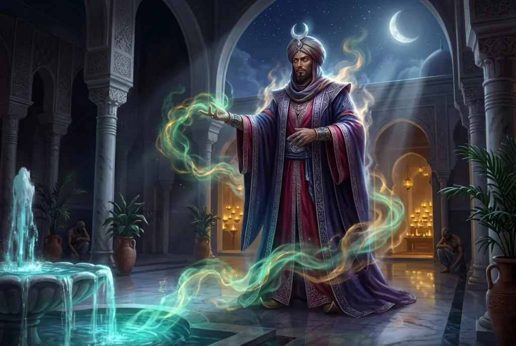 Genio de la mitología islámica rodeado de magia y misterio, criatura sobrenatural de la cultura árabe