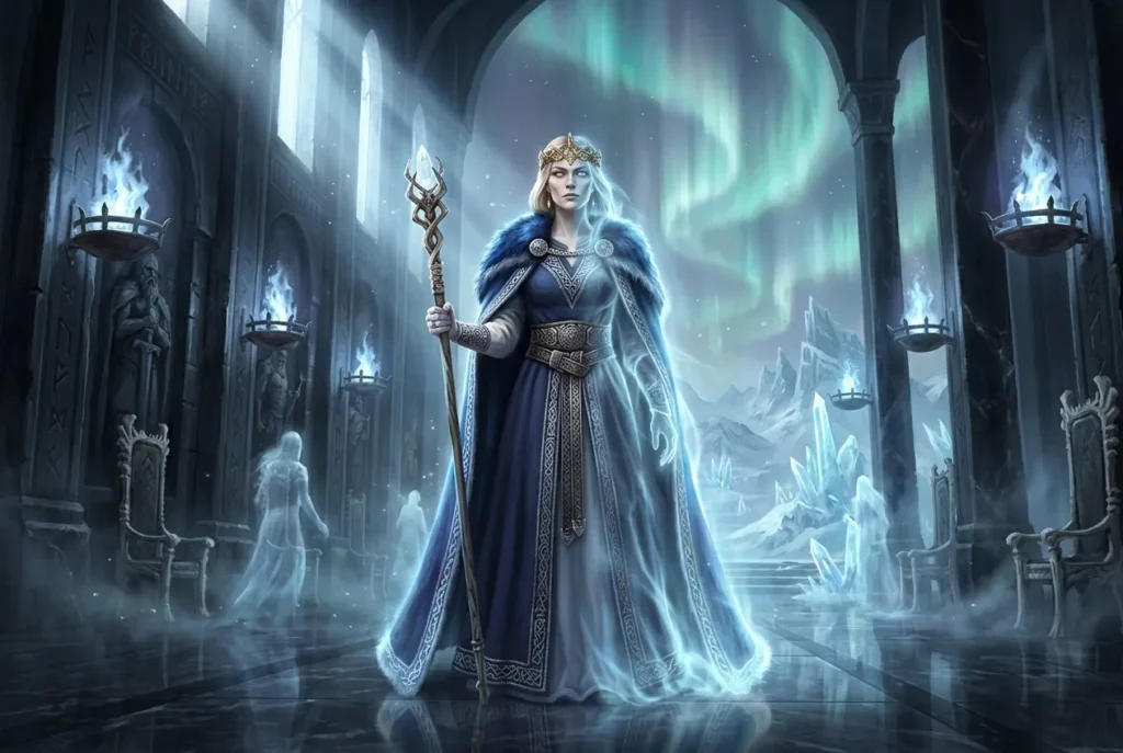 Hel, la diosa nórdica del inframundo, representación de la mitología escandinava con corona y aspecto sobrenatural