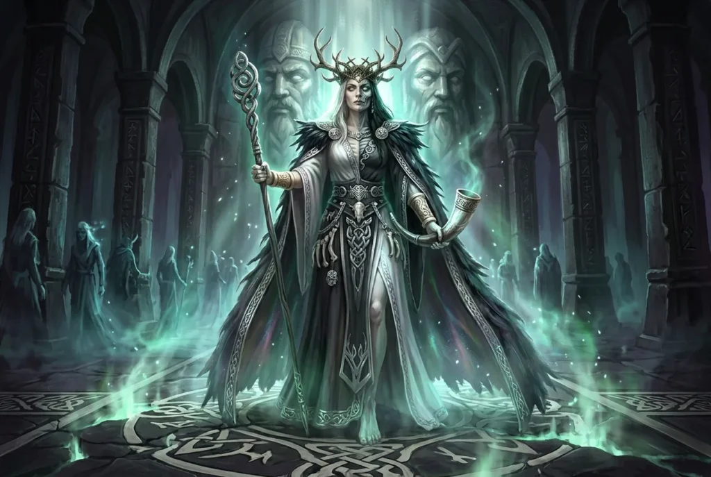 Hela, diosa nórdica del inframundo, mitad viva y mitad muerta, guardiana de Helheim en la mitología nórdica
