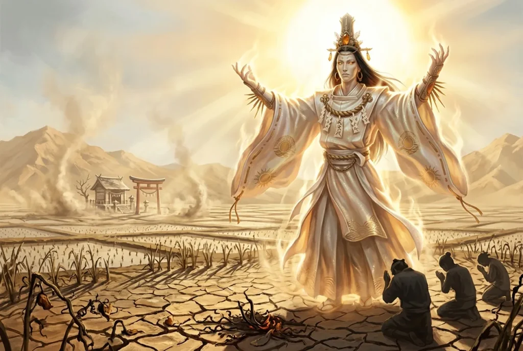 Hiderigami, criatura de la sequía en la mitología japonesa, representación del espíritu yokai del calor abrasador
