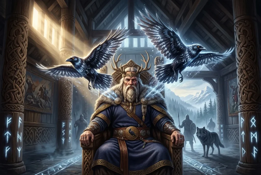 Hugin y Munin, los cuervos de Odín en la mitología nórdica, volando como emisarios divinos