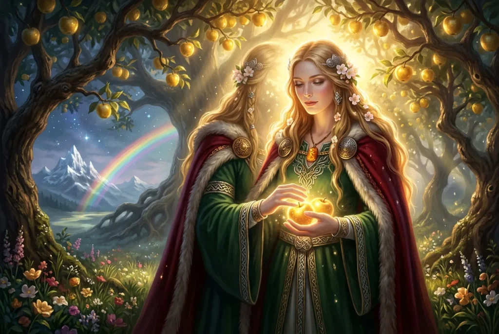 Idun diosa nórdica de la juventud e inmortalidad con manzanas doradas de Asgard mitología nórdica