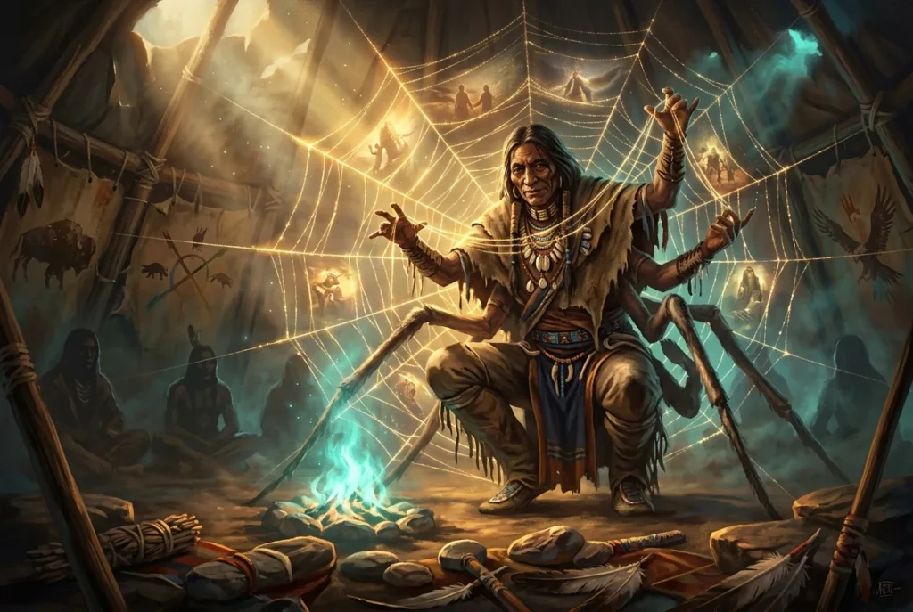 Iktomi la araña embaucadora de la mitología lakota sioux, figura trickster de las Grandes Llanuras