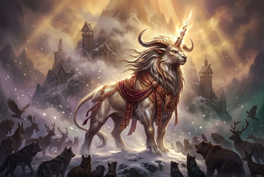 Indrik, criatura mitológica rusa, rey de los animales en la mitología eslava de la Montaña Sagrada