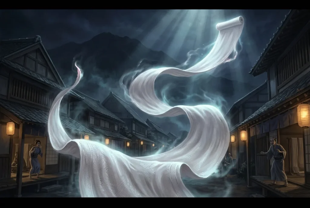 Ittan-momen yōkai japonés: espíritu sobrenatural en forma de tela blanca voladora de la mitología de Kagoshima