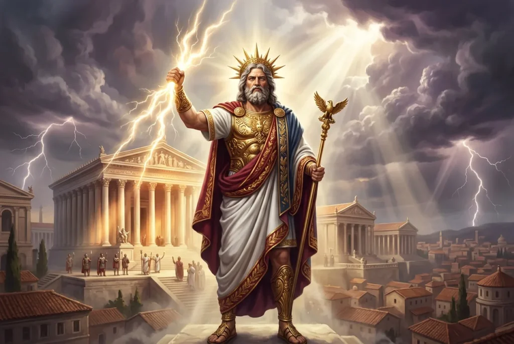 Júpiter dios romano supremo con rayo y águila, deidad mitología romana antigua