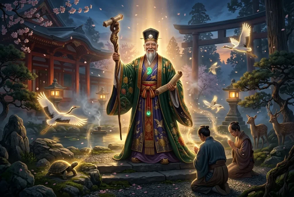Jurojin, dios japonés de la longevidad, anciano sonriente con bastón entre los Siete Dioses de la Fortuna