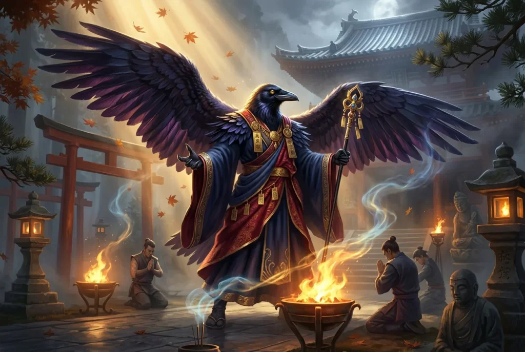 Karasu-Tengu criatura mitología japonesa con cuerpo humano y cabeza de cuervo en montaña sagrada