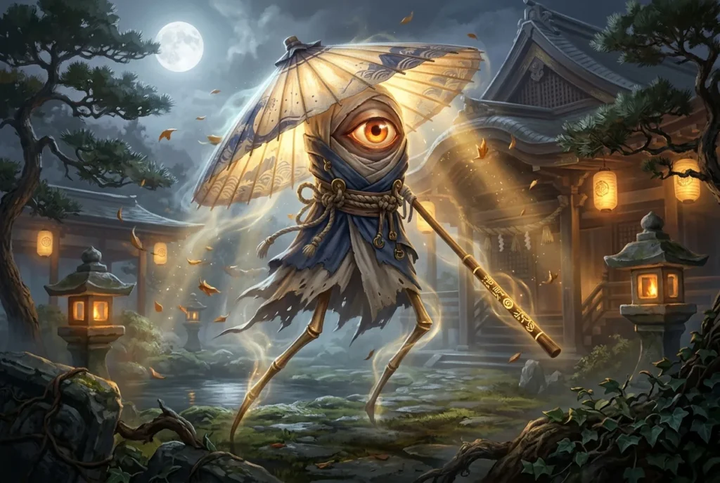 Kasa-obake, espíritu sobrenatural japonés emergiendo de un paraguas de papel antiguo en mitología Yokai