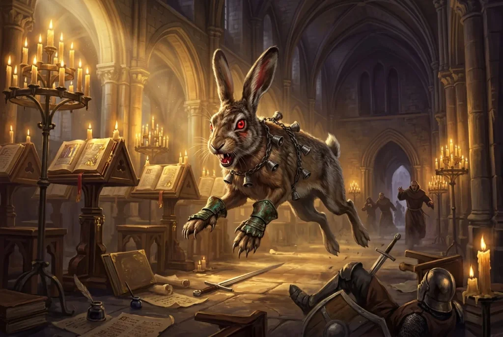 Killer Bunny medieval: conejo asesino armado atacando a caballero, criatura mitología medieval
