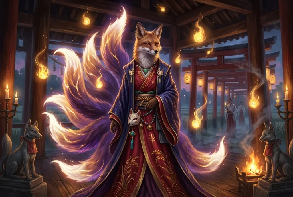 Kitsune japonés mítico: espíritu zorro con poderes mágicos y transformación humana en la mitología japonesa