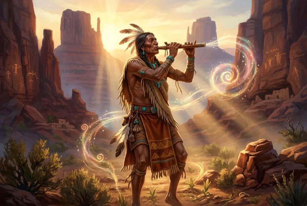 Kokopelli figura mitológica nativa americana con joroba tocando flauta, símbolo del suroeste americano
