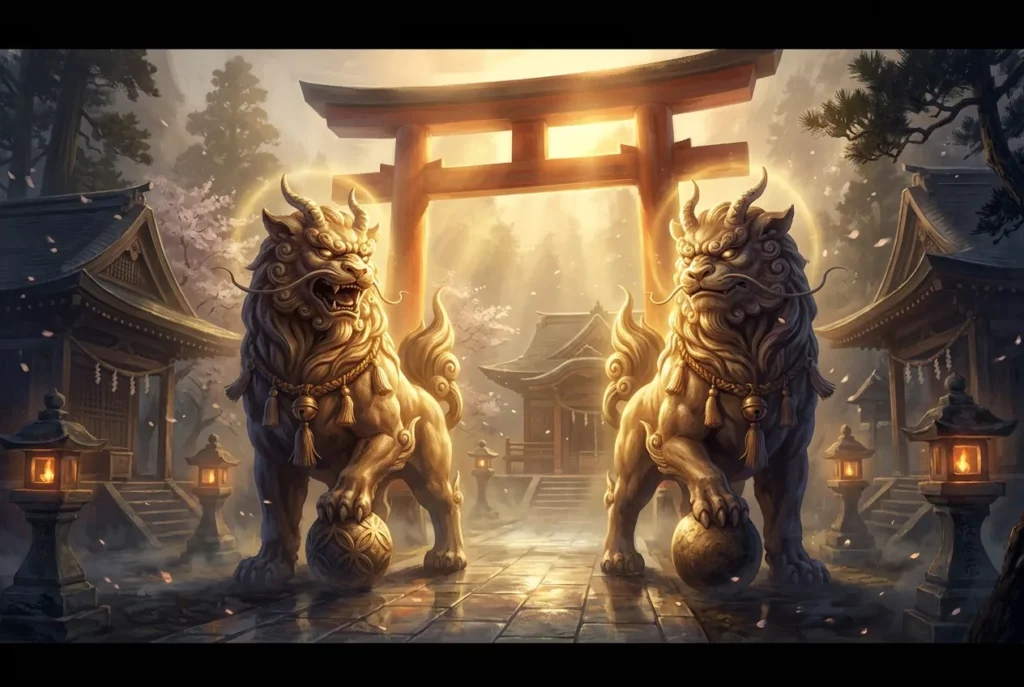 Komainu guardianes místicos japoneses estatuas leoninas santuario sintoísta mitología
