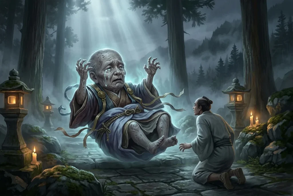 Konaki-Jiji yokai de la mitología japonesa: criatura sobrenatural con rostro de anciano y cuerpo de bebé