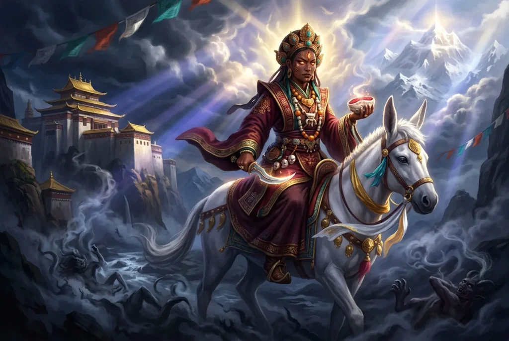 Palden Lhamo deidad protectora tibetana a caballo de mulo mágico mitología budista