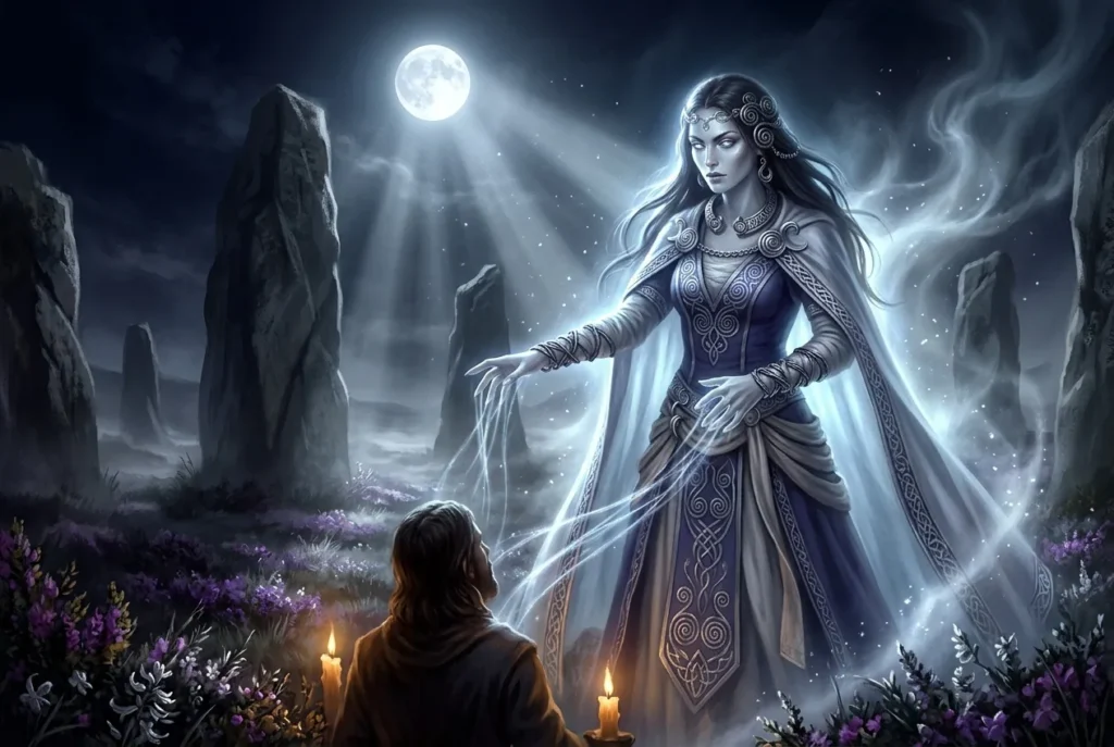 Lhiannan Shee criatura mitología celta manx amante de hadas envuelta en velo misterio