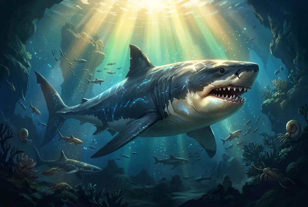 Megalodón gigante prehistórico del océano, tiburón extinto de la era antigua