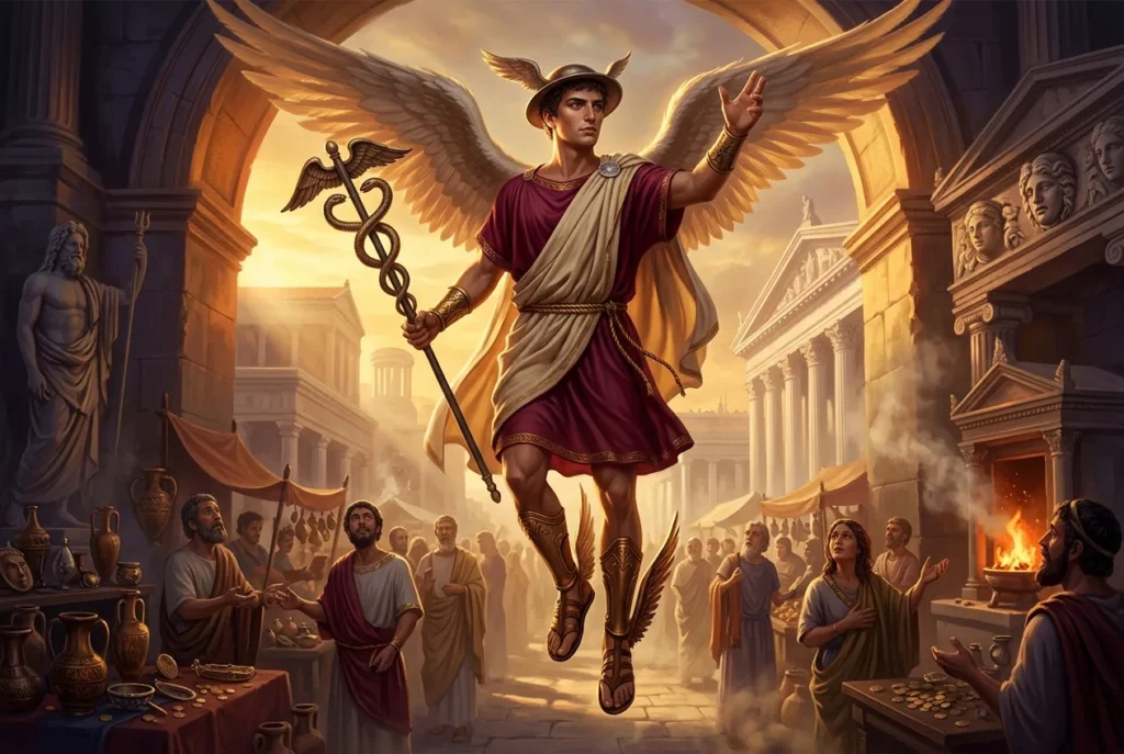 Mercurio dios romano del comercio con caduceo y alas en los pies, deidad mitología romana