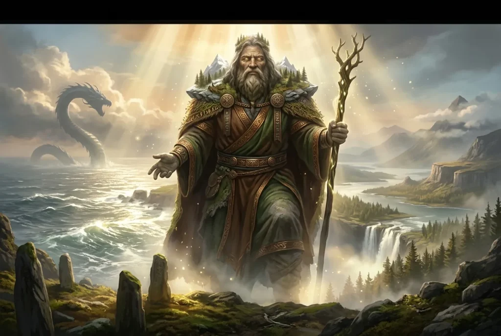 Midgard el mundo medio en la mitología nórdica rodeado por la serpiente Jörmungandr entre Asgard y Muspelheim