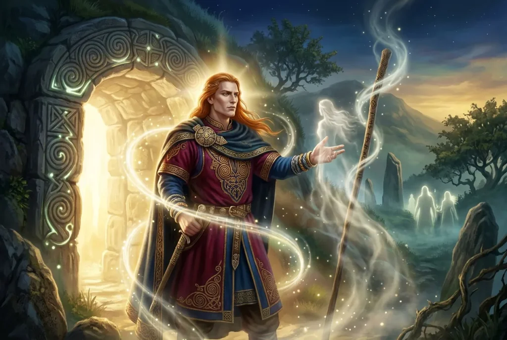 Midir, deidad irlandesa de los Tuatha Dé Danann, representado en mitología celta con su belleza sobrenatural y dominio del Otro Mundo