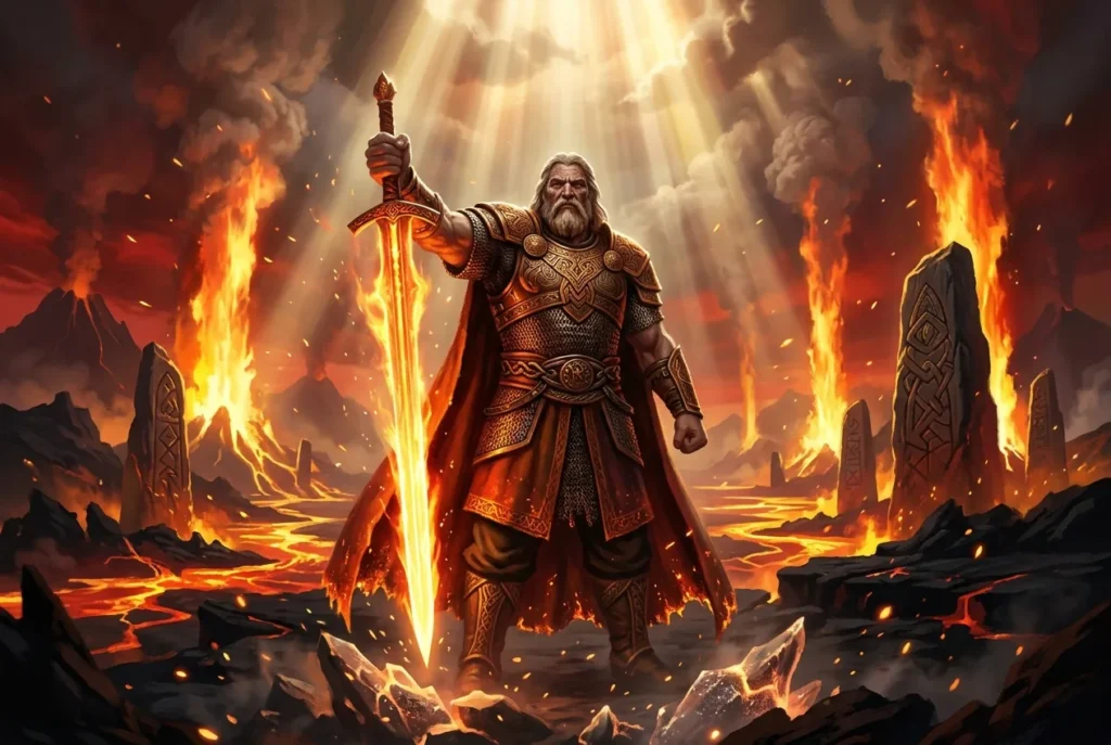 Muspel el reino de fuego primordial de la mitología nórdica con Surt el gigante de fuego