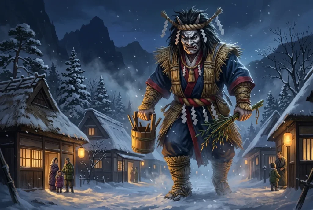 Namahage espíritu folclórico japonés de Akita con máscara roja y traje de paja, criatura de la mitología japonesa