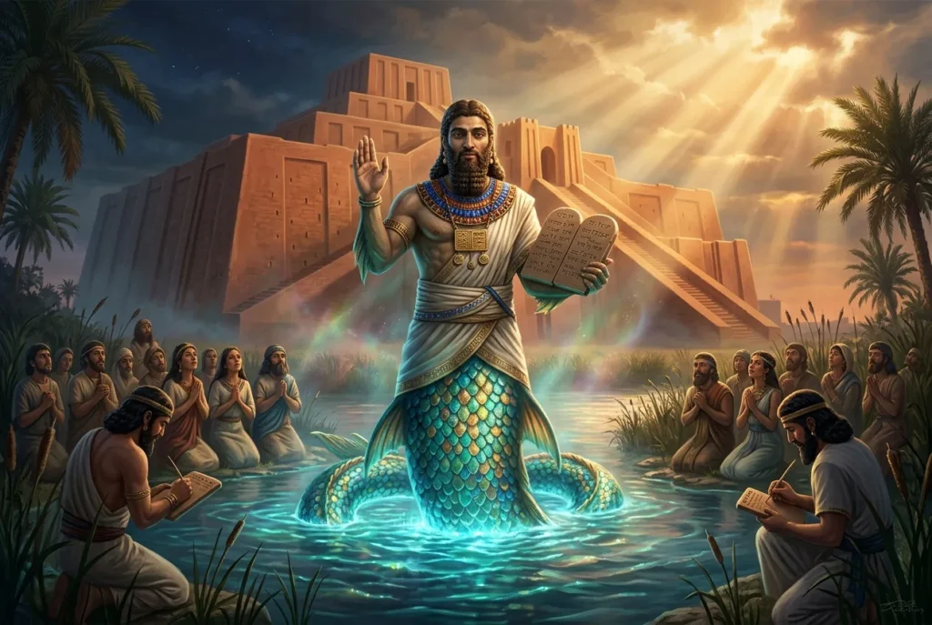 Oannes criatura mitología mesopotámica mitad pez mitad hombre babilonia aguas primordiales