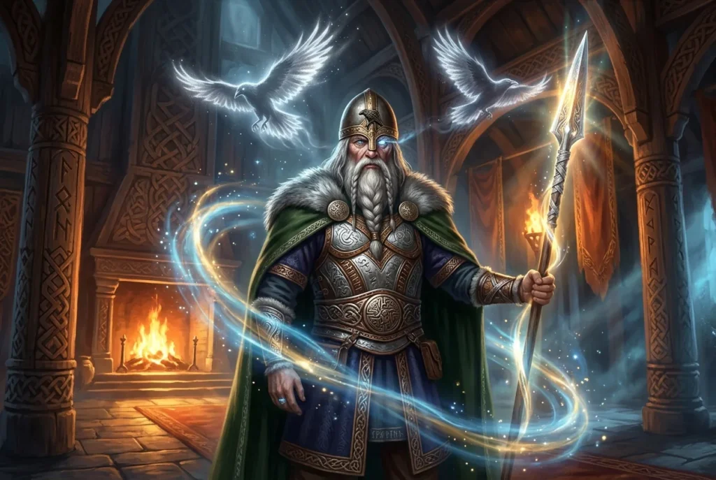 Odin el Padre de Todos en mitología nórdica - dios guerrero con lanza y cuervo