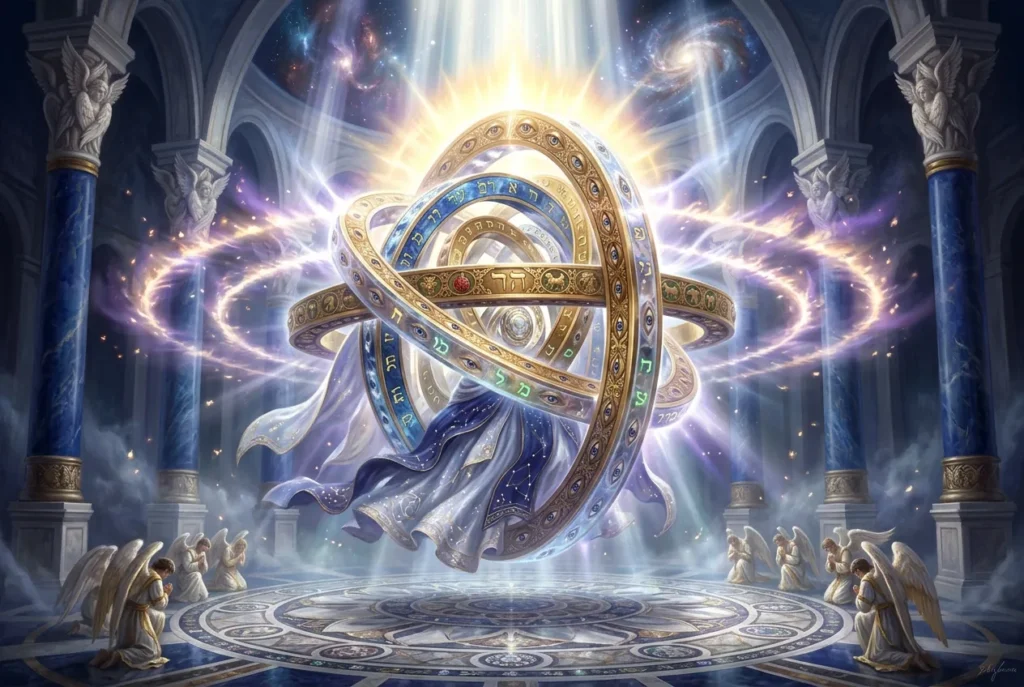 Ophanim criatura celestial judía rueda con múltiples ojos dorados geometría sagrada mitología