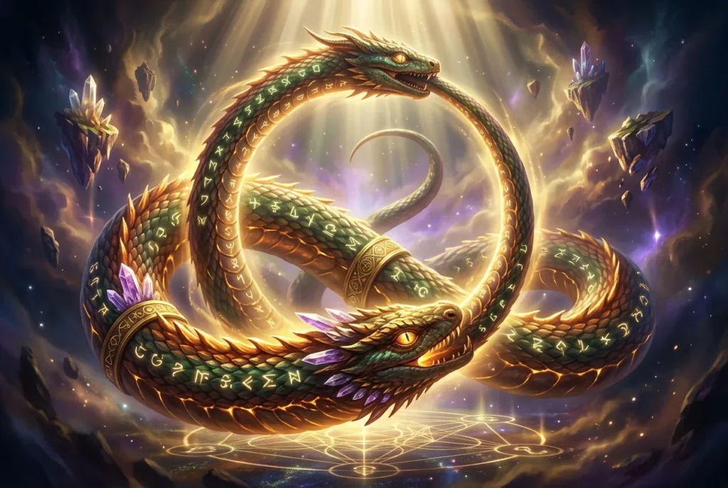 Ouroboros símbolo antiguo serpiente dragón mordiéndose la cola círculo infinito mitología universal