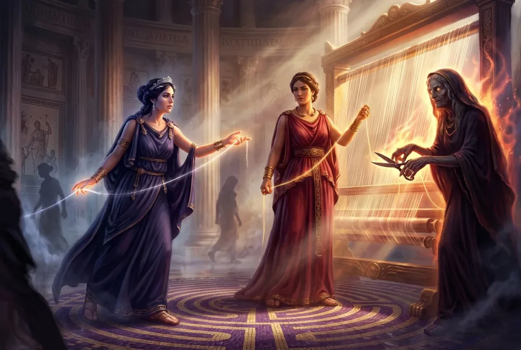 Las Parcae, tres diosas romanas del destino tejiendo el hilo de la vida en la mitología romana
