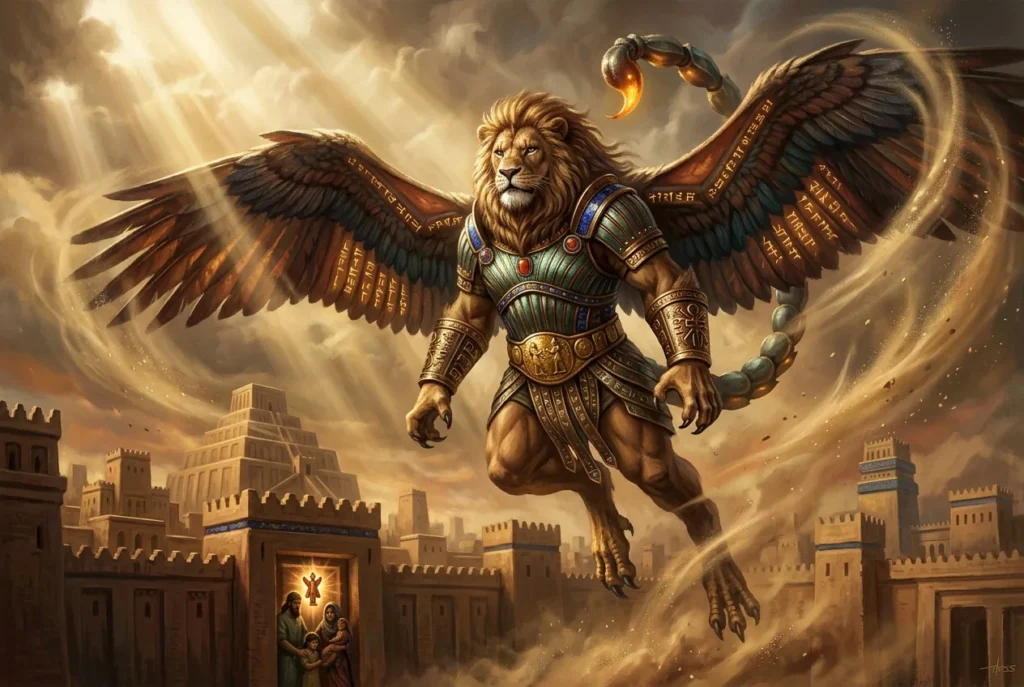 Pazuzu demonio mesopotámico alado con cabeza de león, garras de ave y cola de escorpión, mitología asiria y babilónica