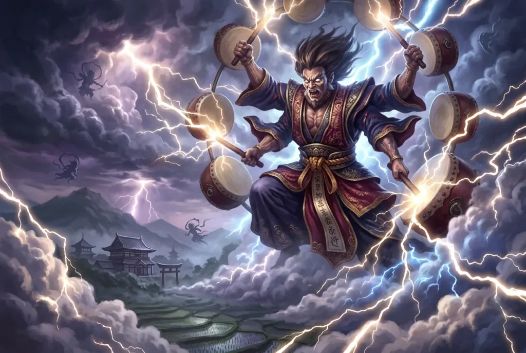 Raijin dios del trueno mitología japonesa con tambores y rayos