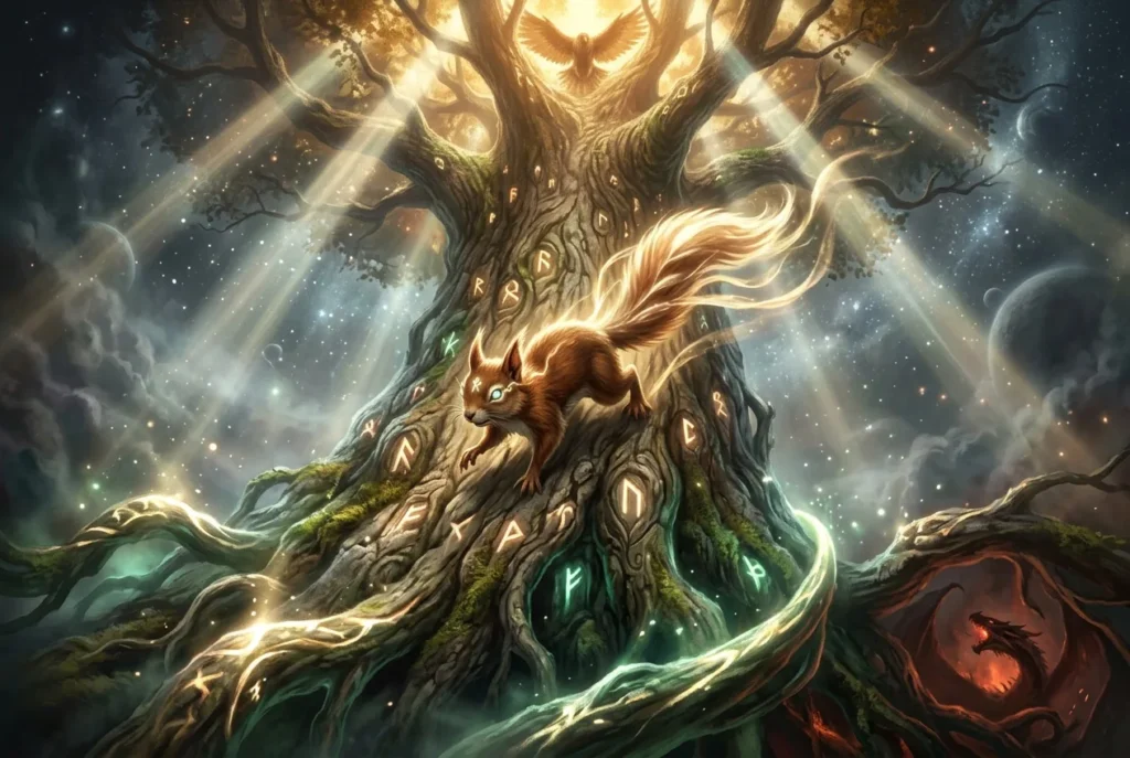 Ratatoskr ardilla mitología nórdica Yggdrasil árbol cósmico mensajera
