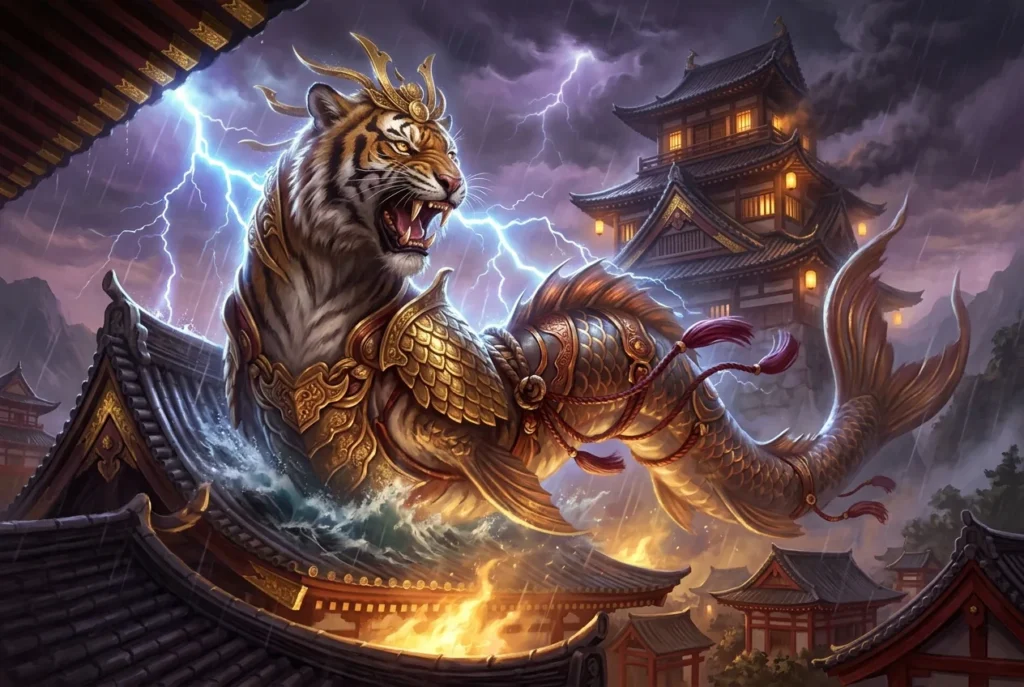 Shachihoko criatura mitología japonesa híbrido cabeza tigre cuerpo pez guardián protector