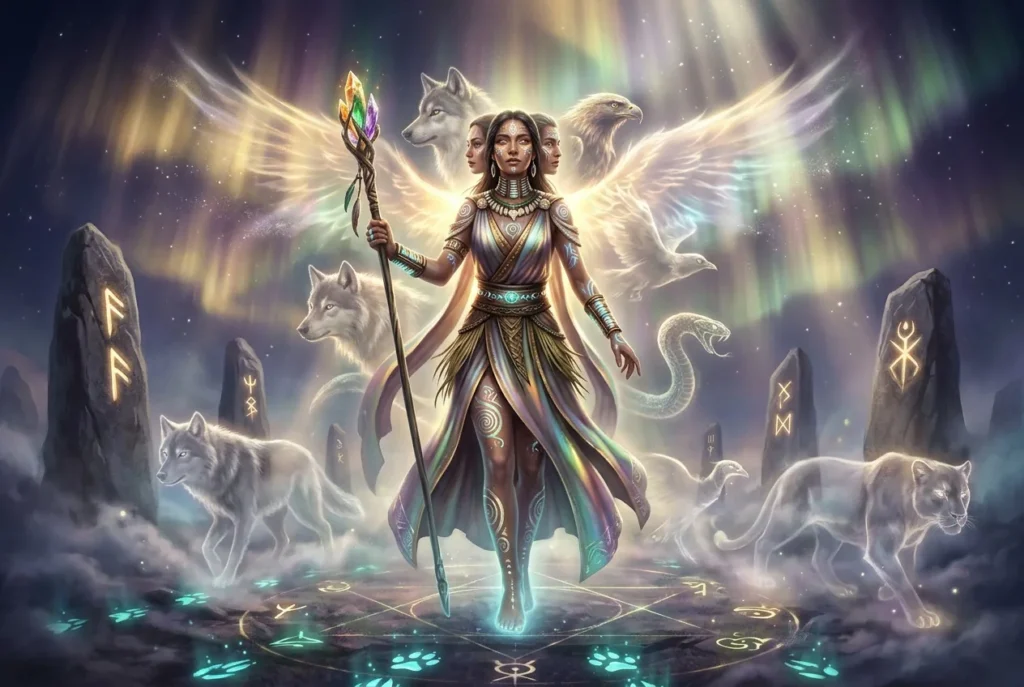 Shapeshifter o cambiaformas mitológico transformándose entre formas humanas y animales, criatura sobrenatural universal