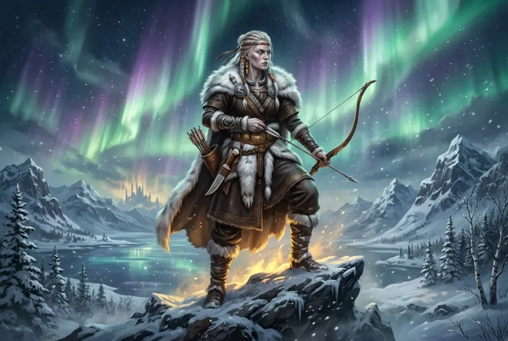 Skadi diosa nórdica de la caza y el invierno en la mitología vikinga, representada con arco y esquís en las montañas nevadas