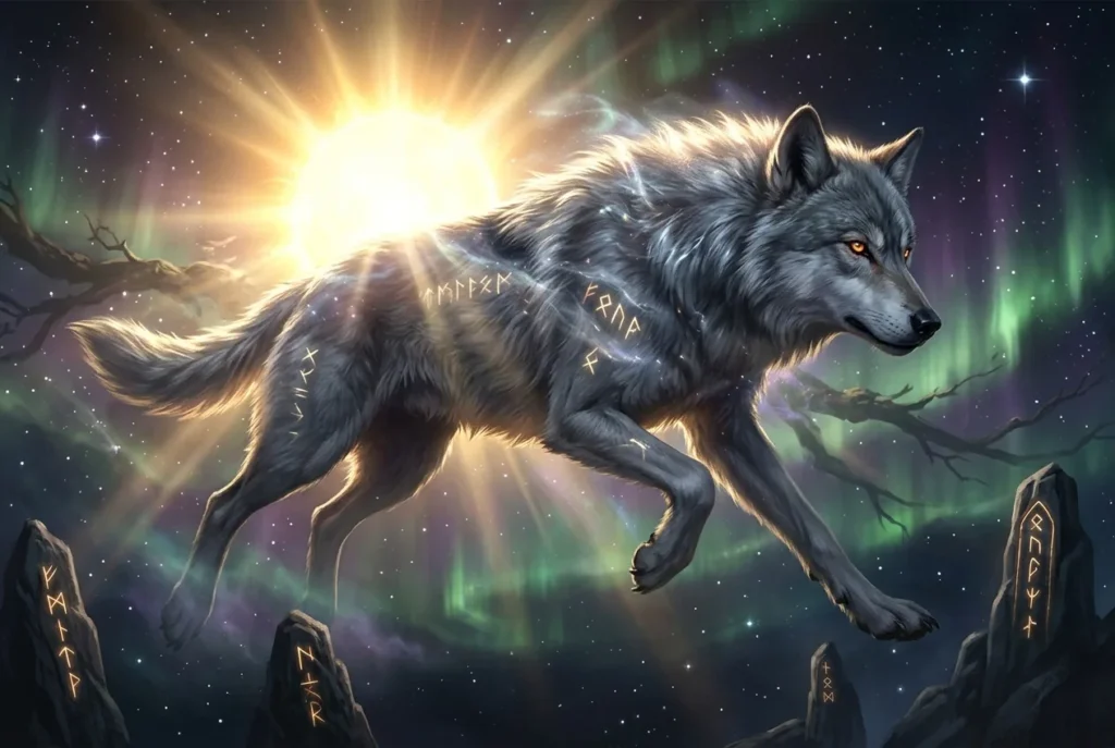 Skoll el lobo cósmico de la mitología nórdica persiguiendo el sol, criatura legendaria vikinga